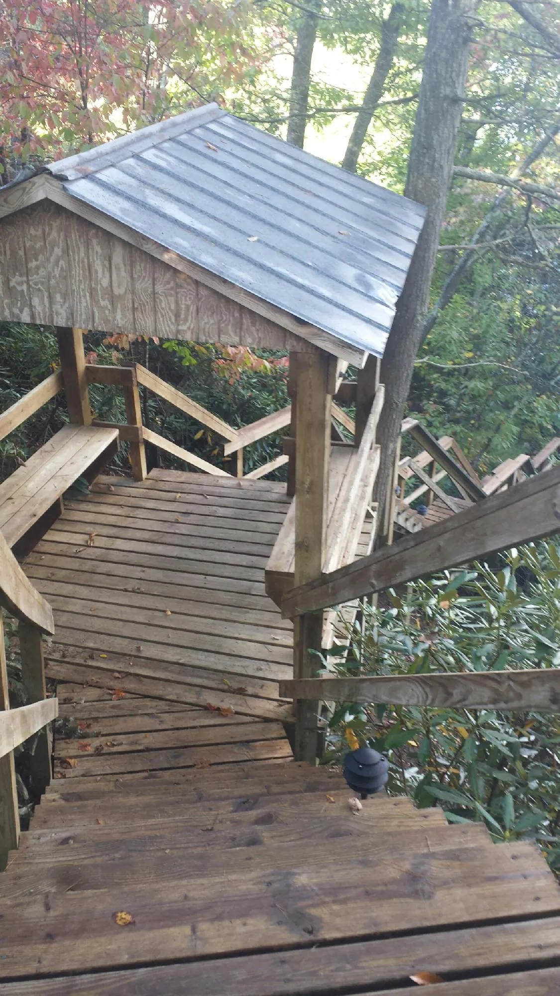 Metal roofed shelter over wooden steps on a wooded walkway — Skylight Repair & Installation work by our crew in Colora